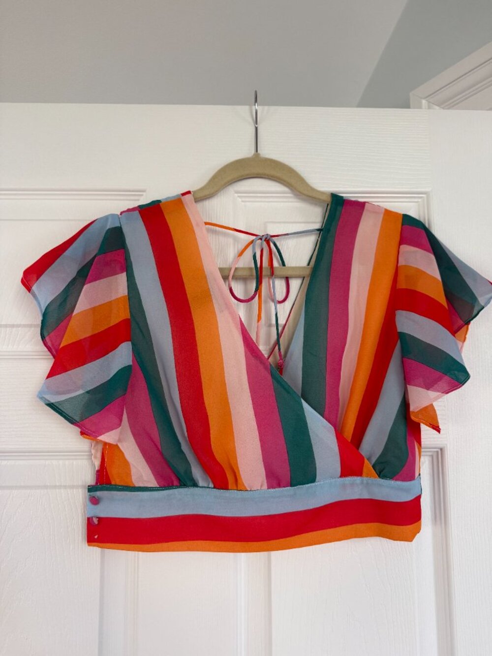 Aqua Cropped Striped Flutter Sleeve Blouse